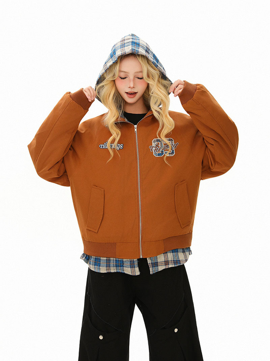 チェックフェイクレイヤード刺繍ロゴジャケット/2color/cm0085