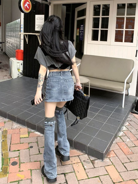 デニムレッグカバー付きデニムミニスカート/2pcセット/cm0053