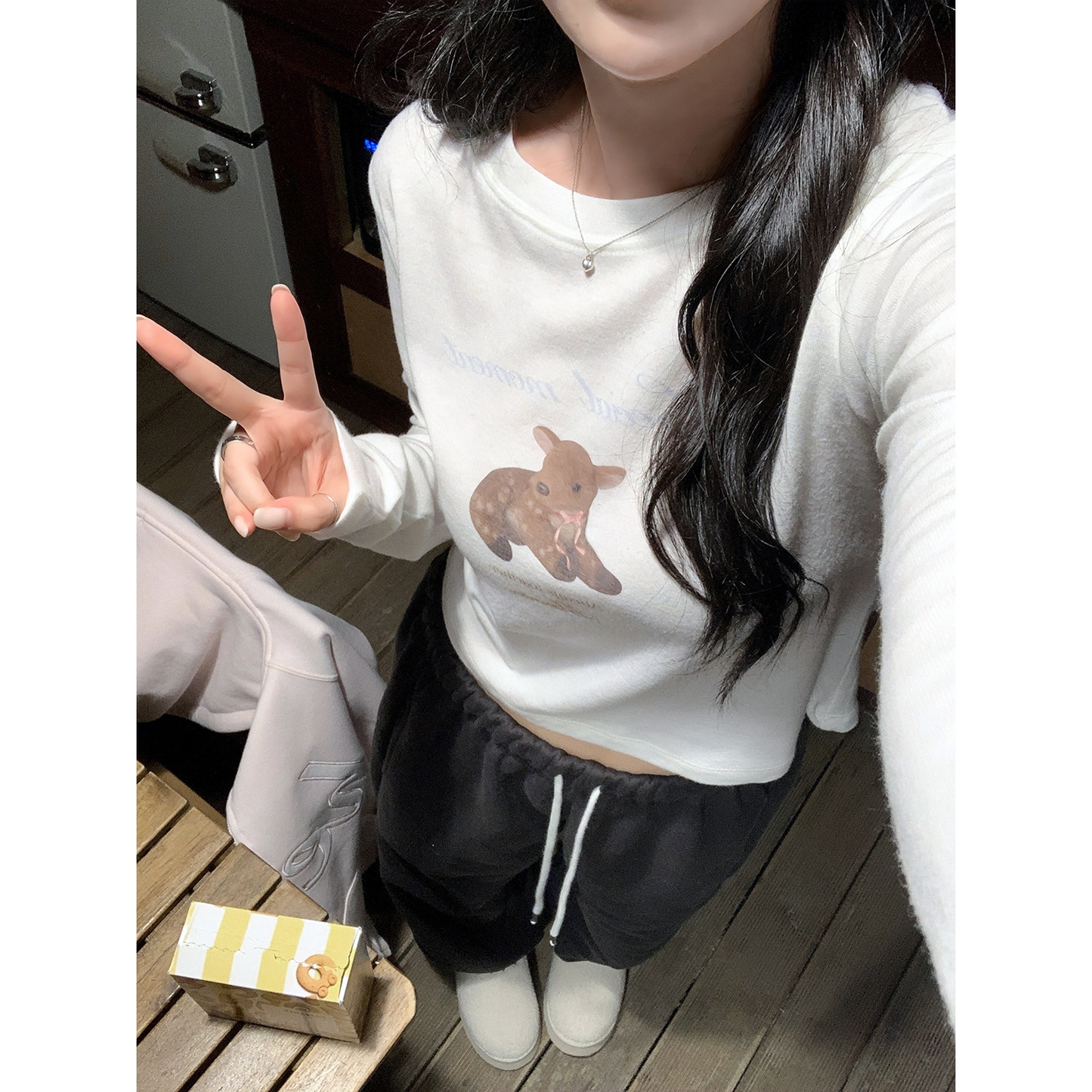 Cute小鹿プリントロングTシャツ/cm0229