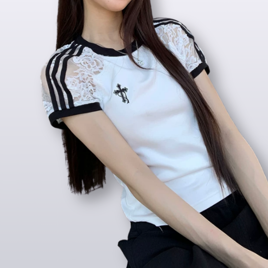 シースルーショルダーワンポイントクロス半袖Tシャツ/cm0301