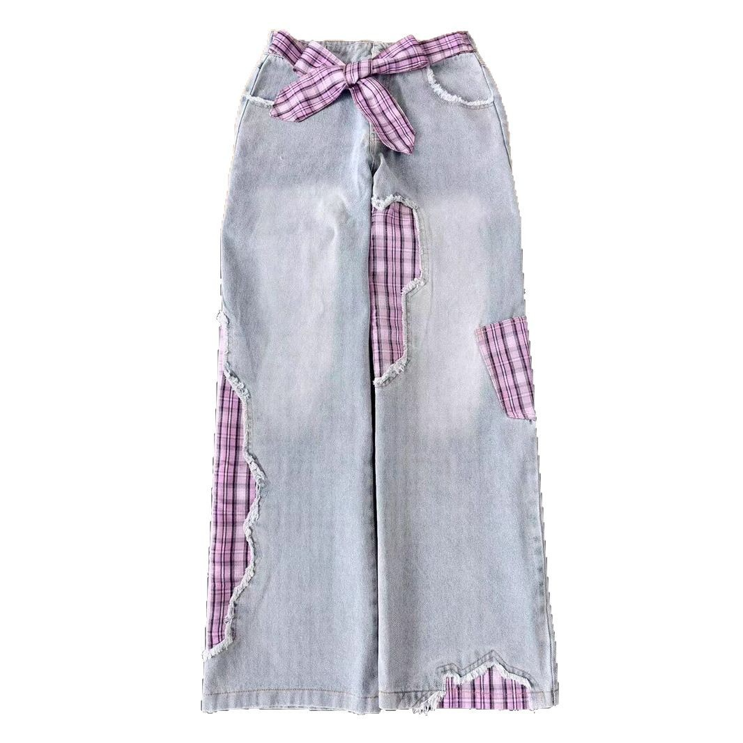 チェック切り替えデニムパンツ/2color/cm0052