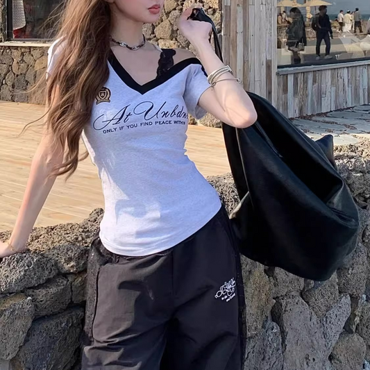 アシンメトリーデザイン/レース肩紐半袖Tシャツ/2color/cm0036