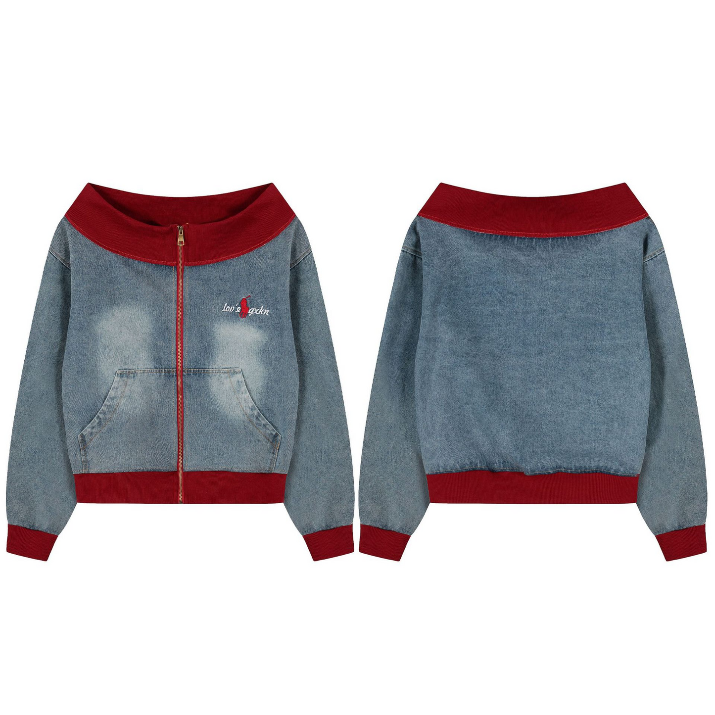 オフショルダー刺繡ワンポイントロゴデジップアップトップス/cm0003