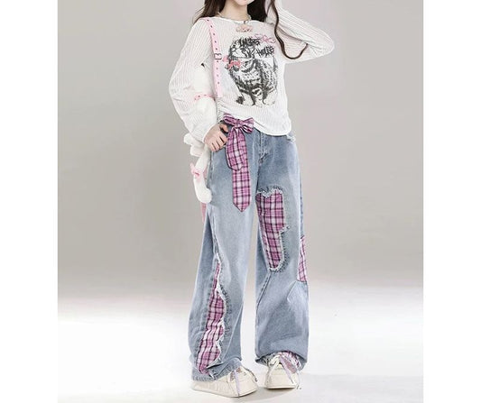 チェック切り替えデニムパンツ/2color/cm0052