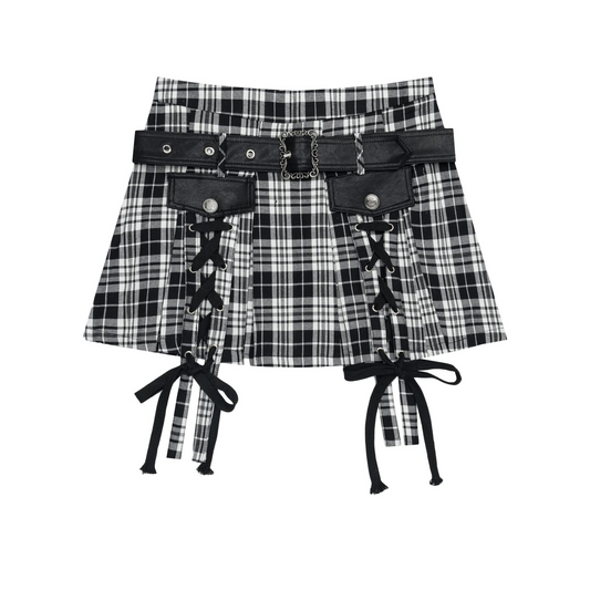 デザインベルトリボンチェックミニスカート/2color/cm0106