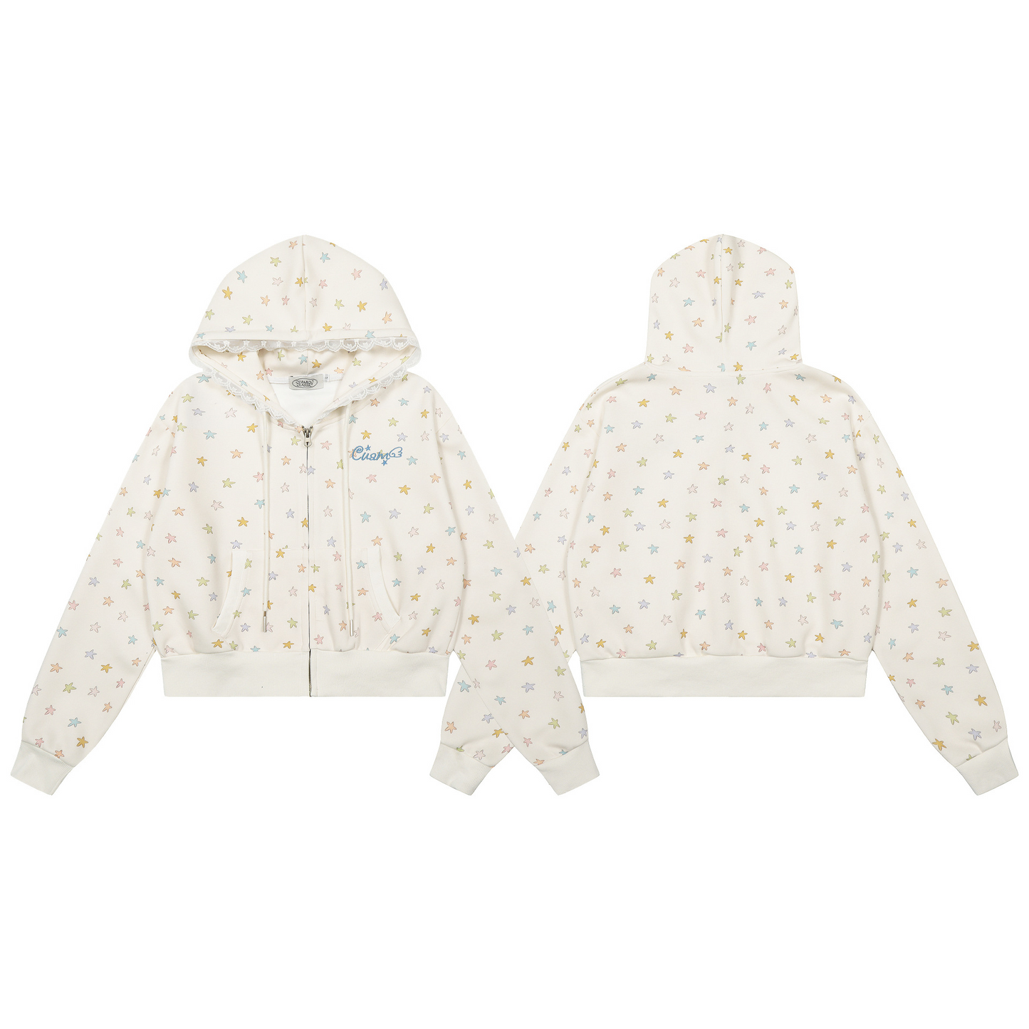 レース縁フードスタープリントジップアップパーカー/cm0050