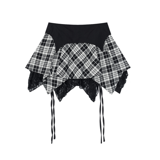 チェック柄スターアクセ付きレースディテールミニスカート/cm0041