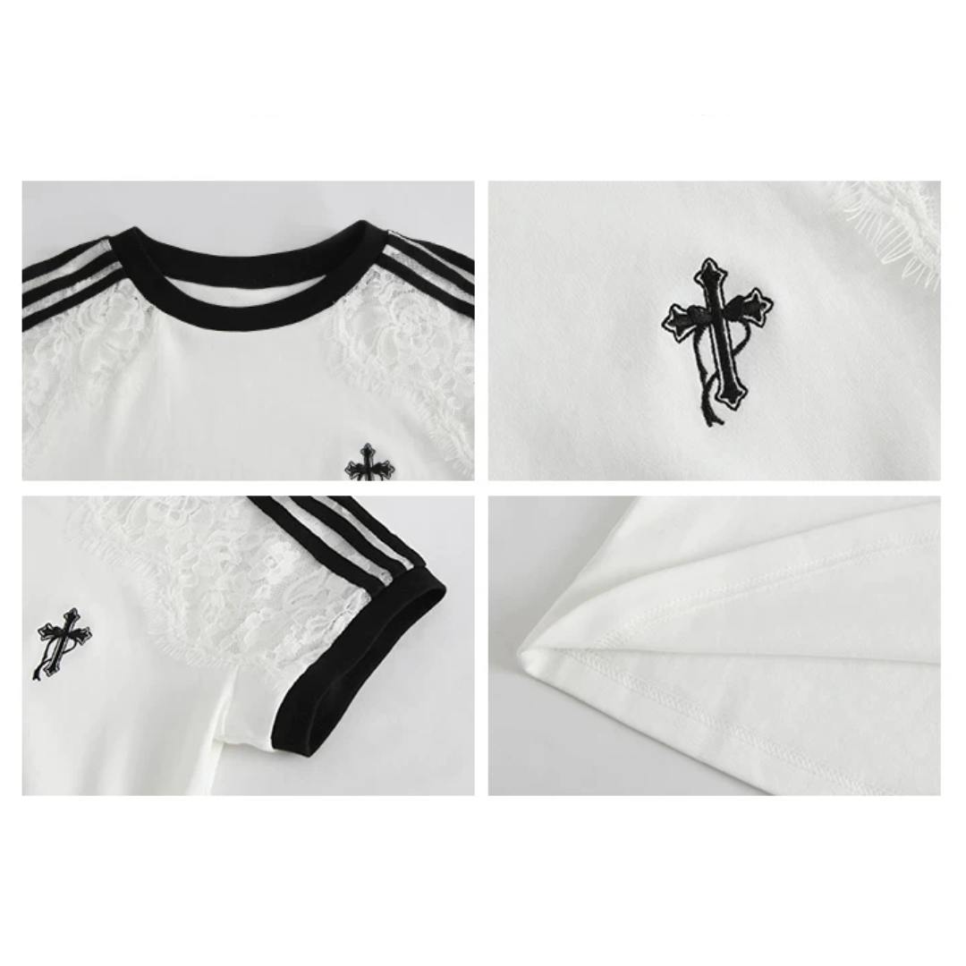 シースルーショルダーワンポイントクロス半袖Tシャツ/cm0301