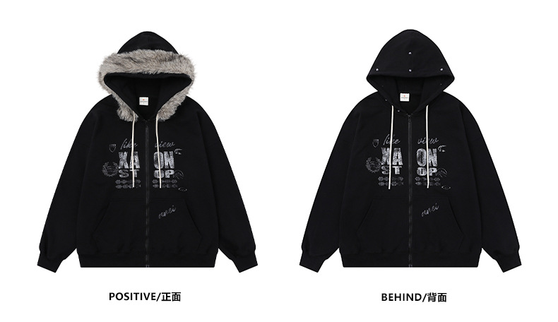 ファー付きプリントスウェットパーカー/2color/cm0029