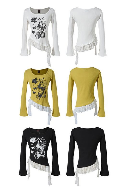 レースデザインプリントTシャツ/3color/cm0088