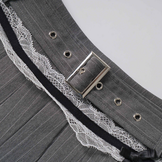 ベルトデザインレースディテールステッチワンポイントロゴミニスカート/cm0121