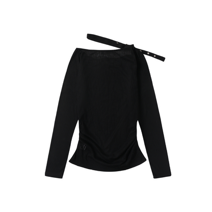 ベルトデザインラインストーン長袖トップス/2color/cm0156