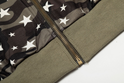 ファー付き迷彩スタープリントジップアップフードパーカー/cm0049