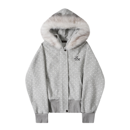 耳付きファーフードワンポイントロゴジップアップパーカー/2color/cm0126