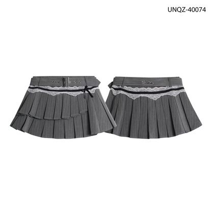 ベルトデザインレースディテールステッチワンポイントロゴミニスカート/cm0121