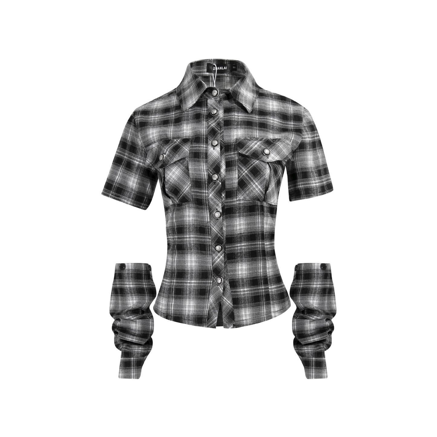 バック刺繍スリーブ取り外しチェックシャツ/cm0095