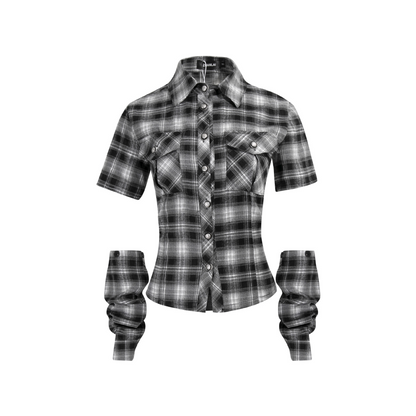 バック刺繍スリーブ取り外しチェックシャツ/cm0095