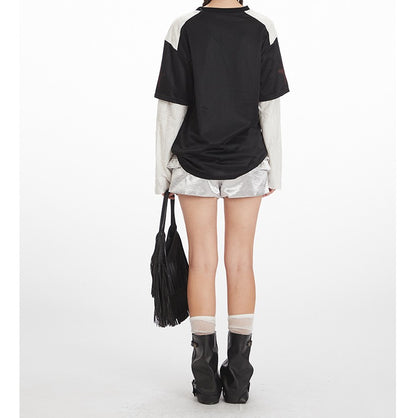 VネックコントラストダメージフェイクレイヤードTシャツ/2color/cm0045