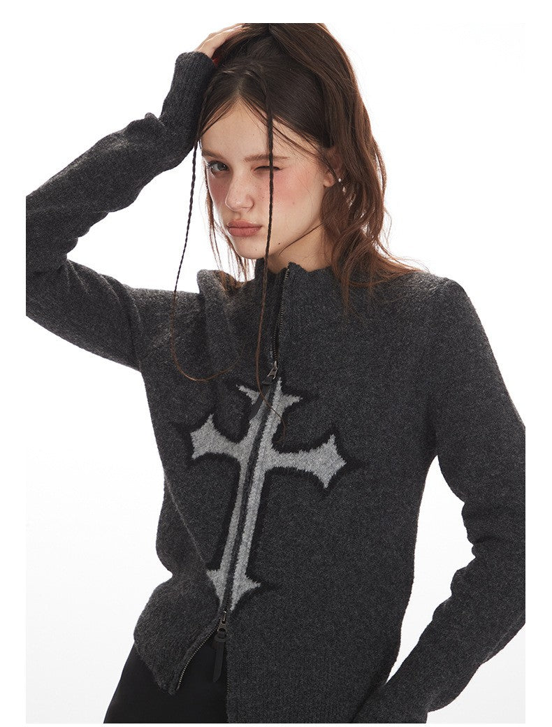 クロスロゴデザインジップアップニット/2color/cm0143