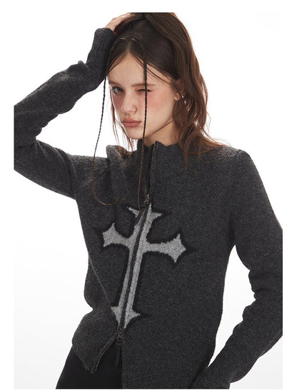 クロスロゴデザインジップアップニット/2color/cm0143