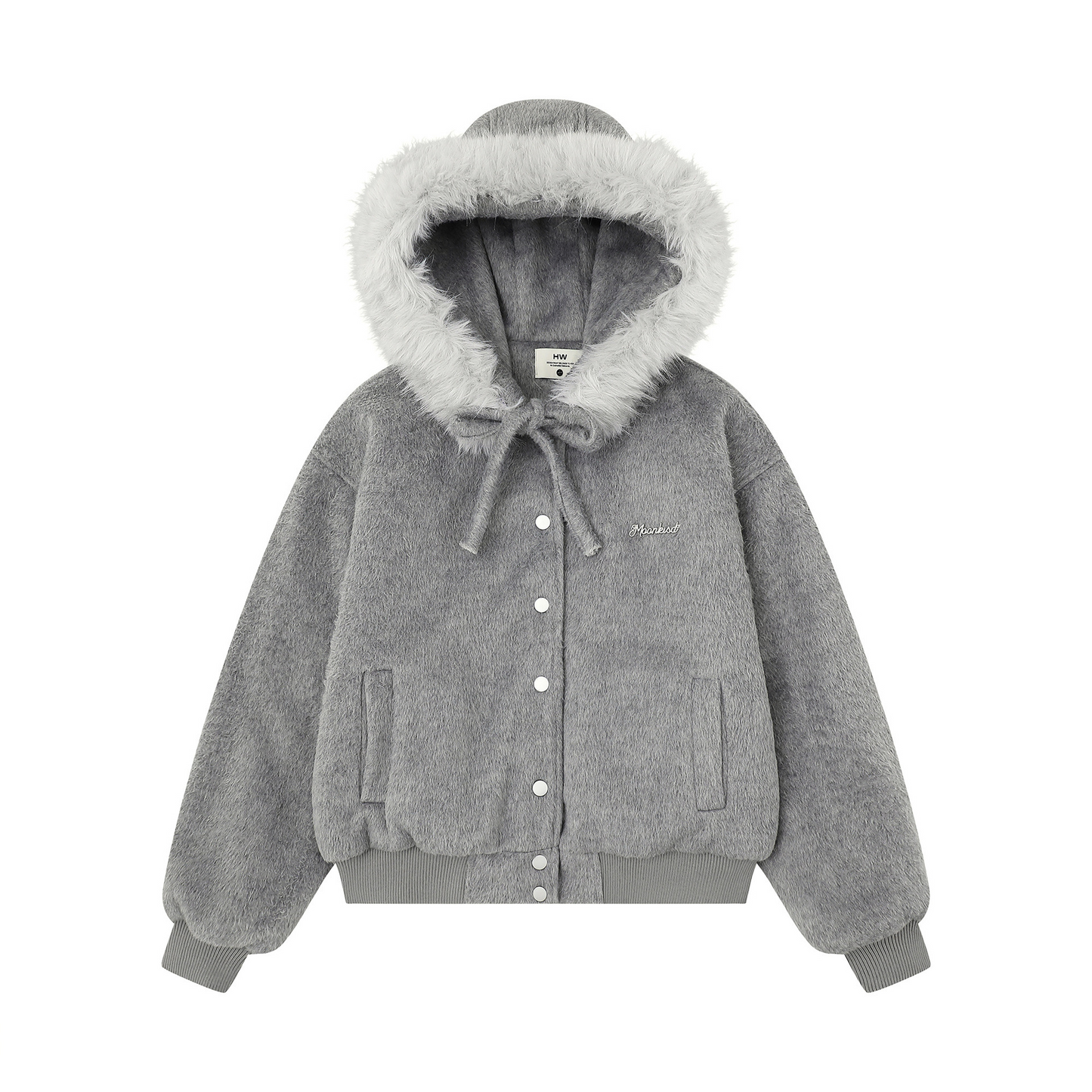 リボンデザインフェイクファーフードジャケット/2color/cm0002