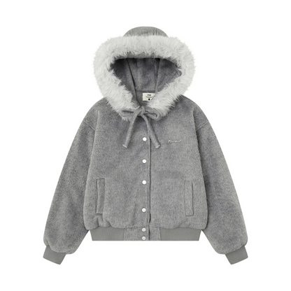 リボンデザインフェイクファーフードジャケット/2color/cm0002