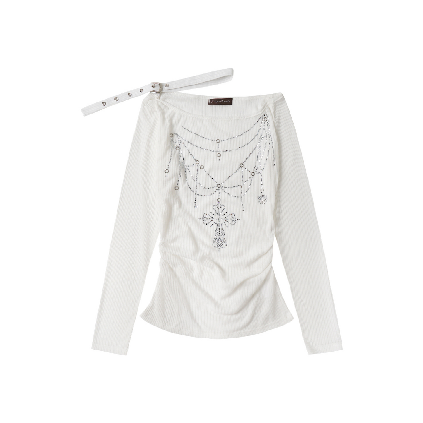 ベルトデザインラインストーン長袖トップス/2color/cm0156