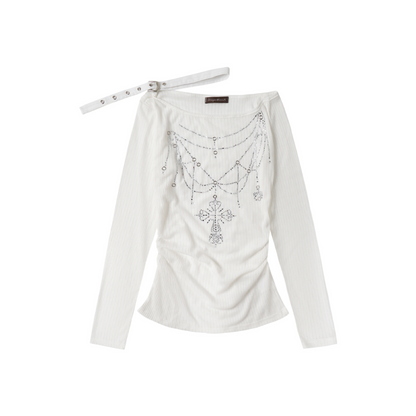 ベルトデザインラインストーン長袖トップス/2color/cm0156