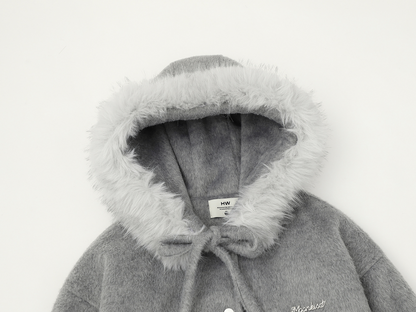 リボンデザインフェイクファーフードジャケット/2color/cm0002