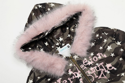 ファー付き迷彩スタープリントジップアップフードパーカー/cm0049