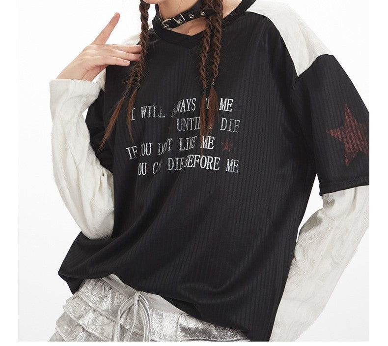 VネックコントラストダメージフェイクレイヤードTシャツ/2color/cm0045