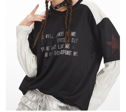 VネックコントラストダメージフェイクレイヤードTシャツ/2color/cm0045