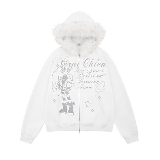 ファー付きイラストプリントパーカー/cm0022