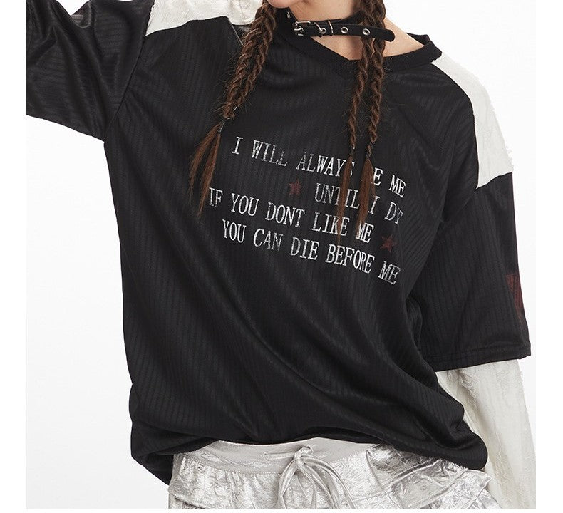 VネックコントラストダメージフェイクレイヤードTシャツ/2color/cm0045