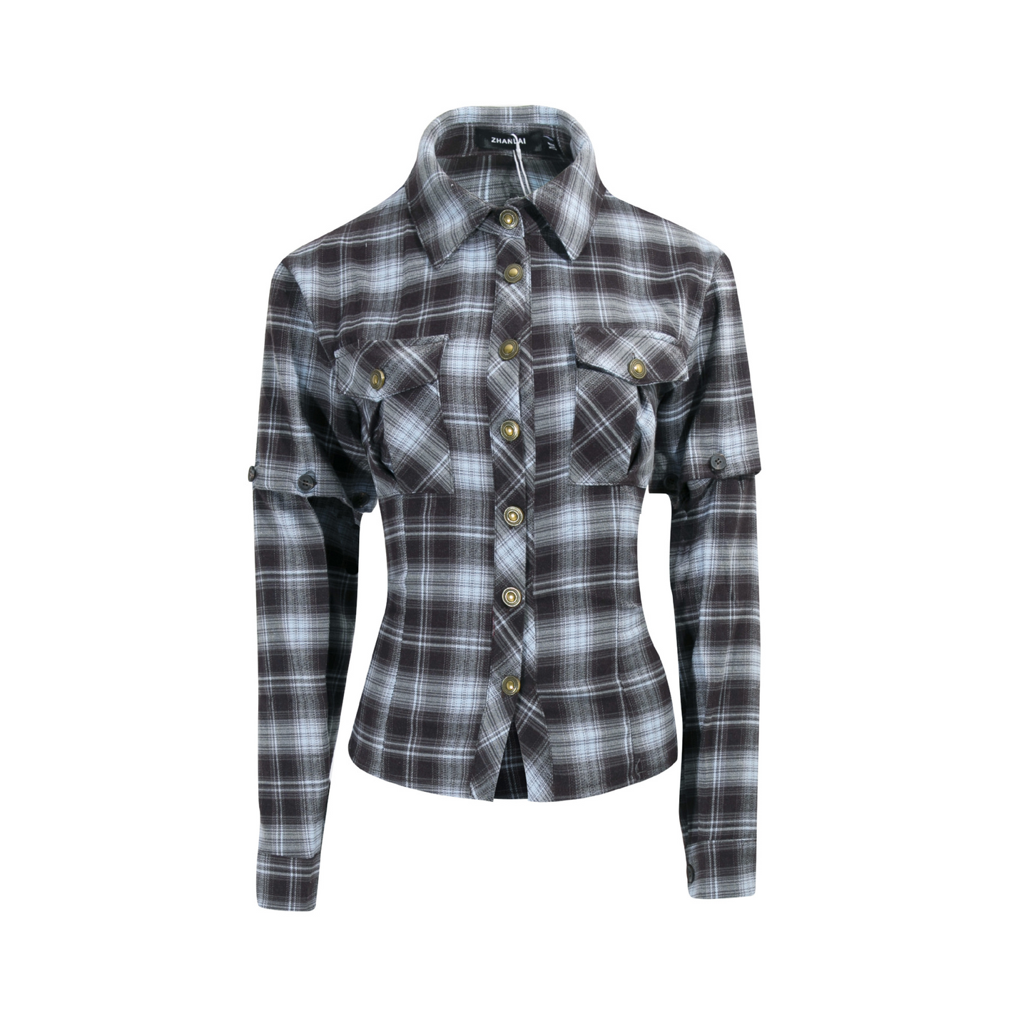 バック刺繍スリーブ取り外しチェックシャツ/cm0095