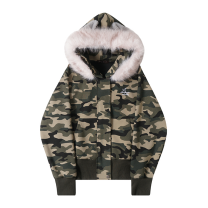 耳付きファーフードワンポイントロゴジップアップパーカー/2color/cm0126