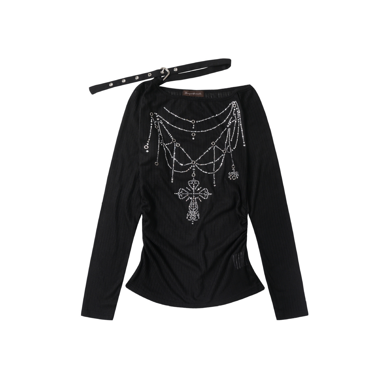 ベルトデザインラインストーン長袖トップス/2color/cm0156