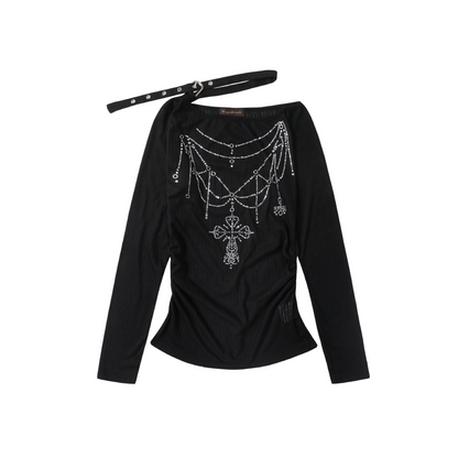 ベルトデザインラインストーン長袖トップス/2color/cm0156