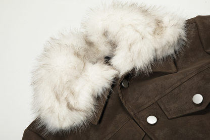 ファー付きフェイクレザーダブルポケットデザインジャケット/2color/cm0044