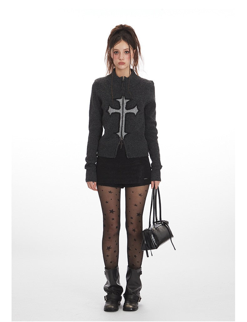 クロスロゴデザインジップアップニット/2color/cm0143