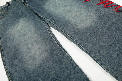 サイド刺繍デザインバックポケットステッチディテールデニムパンツ/cm0120