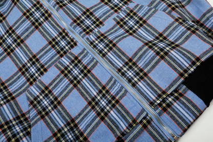 チェック柄ファーフードワンポイント刺繍ロゴジップアップジャケット/2color/cm0013