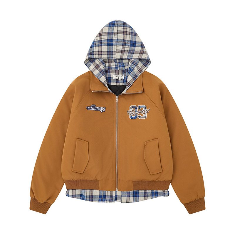 チェックフェイクレイヤード刺繍ロゴジャケット/2color/cm0085