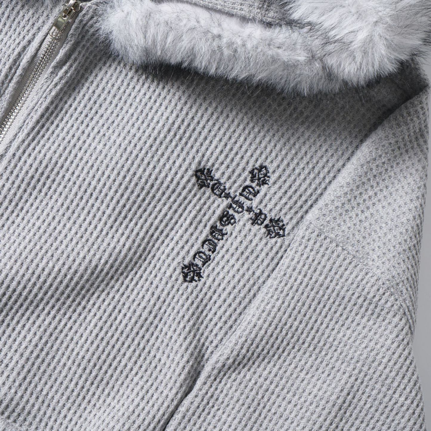 ファーフードワッフルクロスポイントジップアップパーカー/cm0016