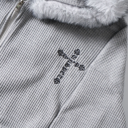 ファーフードワッフルクロスポイントジップアップパーカー/cm0016