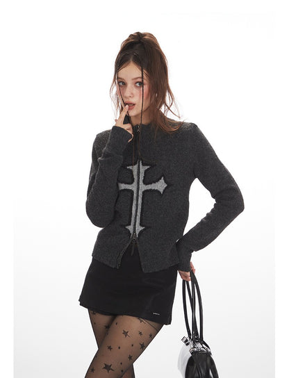 クロスロゴデザインジップアップニット/2color/cm0143