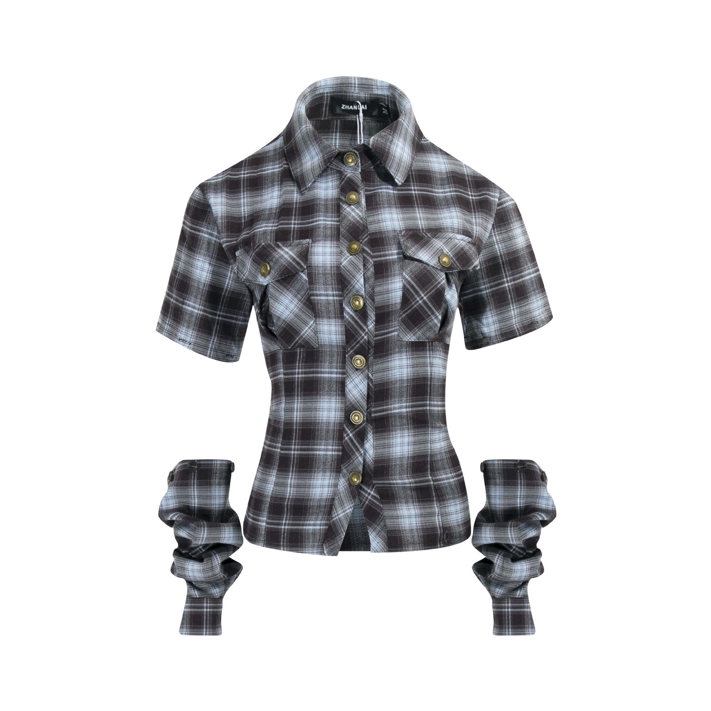 バック刺繍スリーブ取り外しチェックシャツ/cm0095