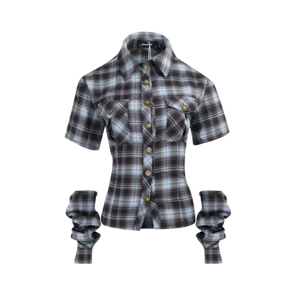 バック刺繍スリーブ取り外しチェックシャツ/cm0095