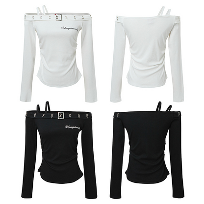 2color/ベルトデザインオフショルダートップス/cm0245