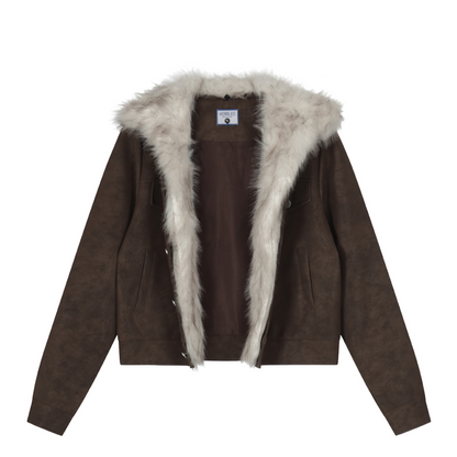 ファー付きフェイクレザーダブルポケットデザインジャケット/2color/cm0044